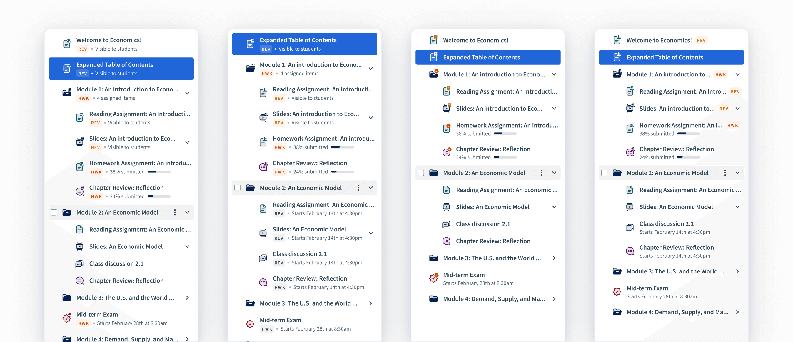 Four variations of the Top Hat content tree showing the same course structure with icons displaying different states for visibility, homework, and review using blue, orange, and yellow indicators.