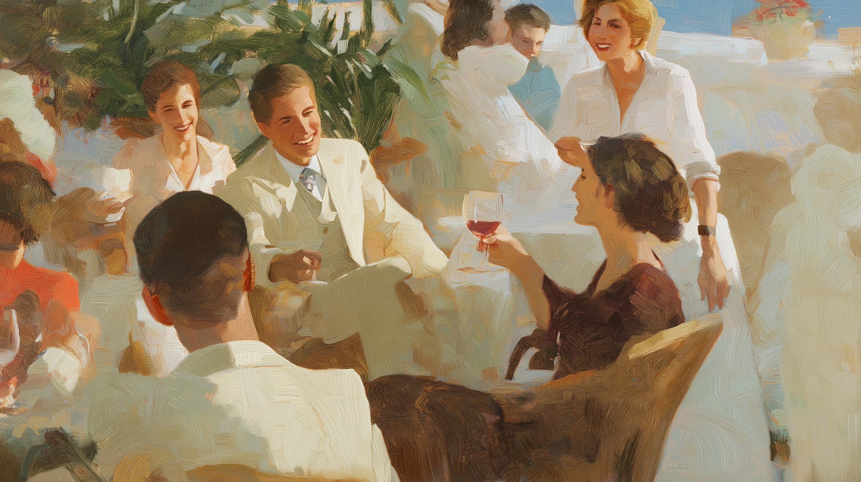 Impressionist painting of an elegant outdoor gathering with people talking and sharing wine