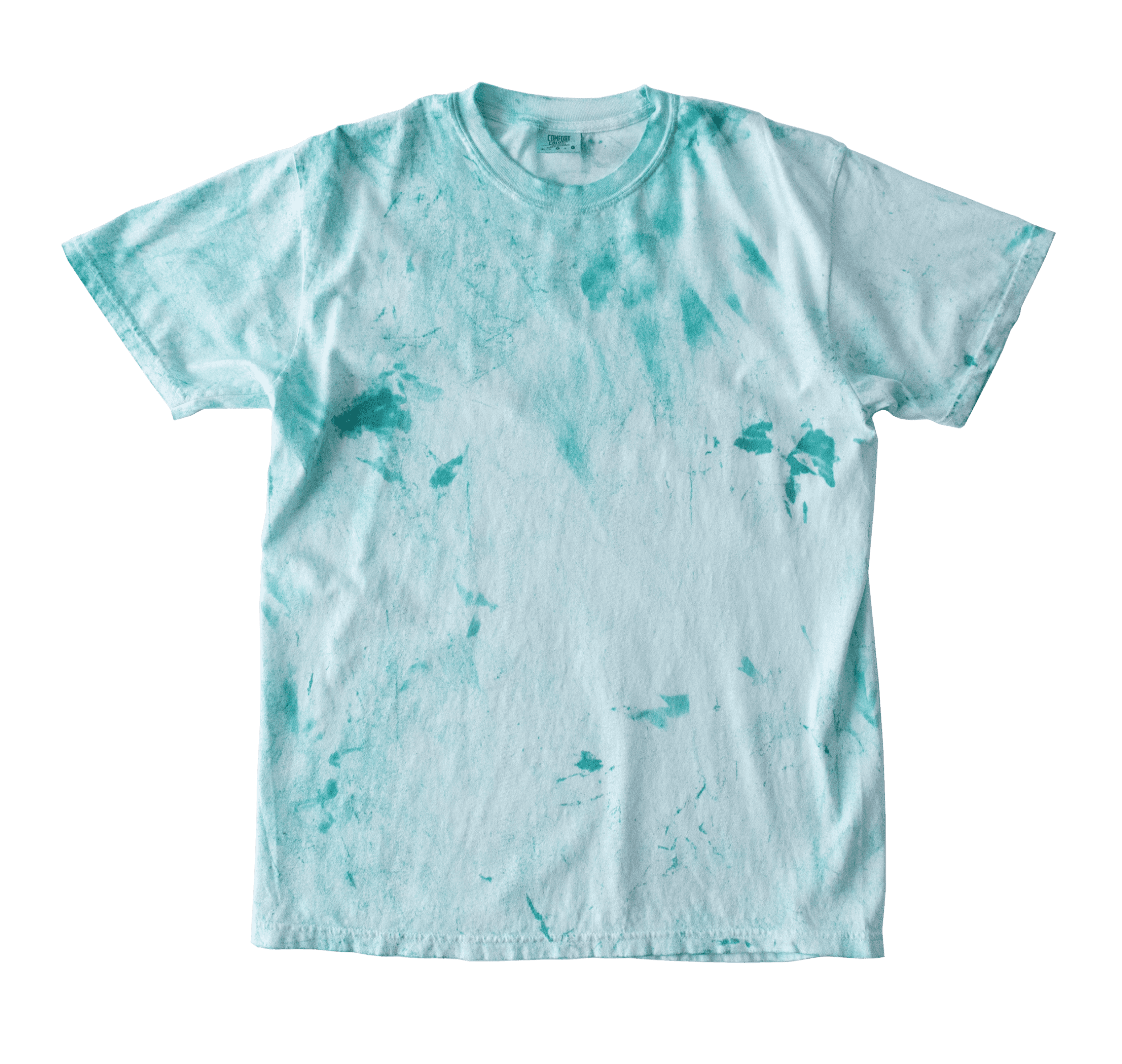 Teal tie-dye t-shirt. The shirt is light teal with darker teal splotches throughout.