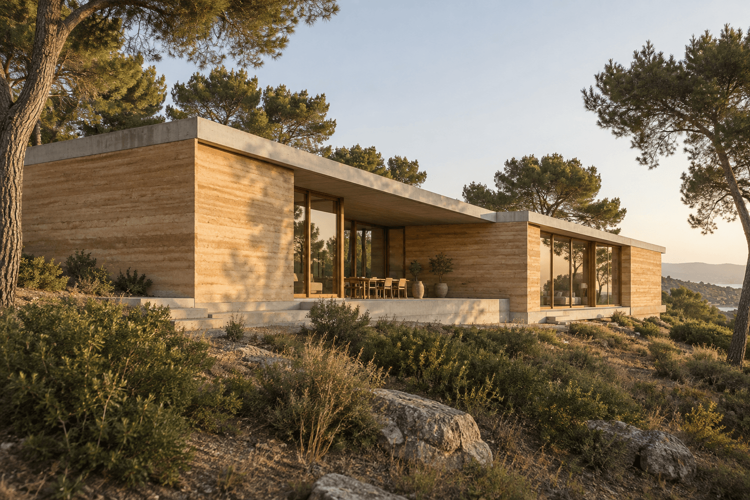 Earthen walls establish a grounded edge against the hillside.
