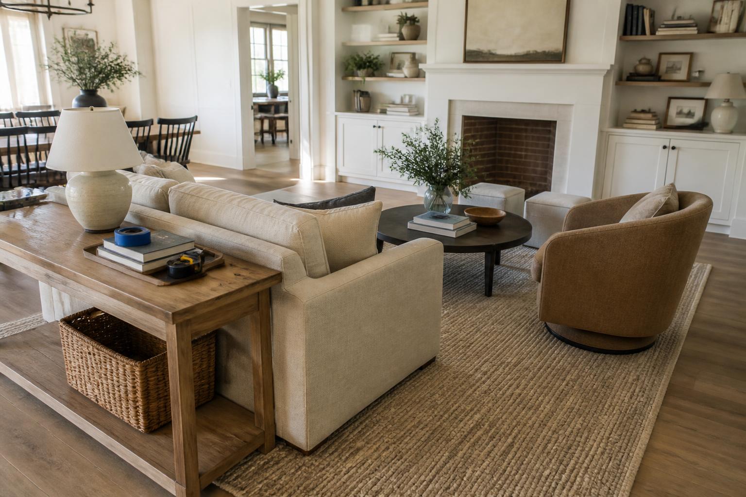 Bright modern farmhouse living room featuring a beige sofa, brown swivel chair, white brick fireplace, built-in shelves, wood console table, and woven area rug.