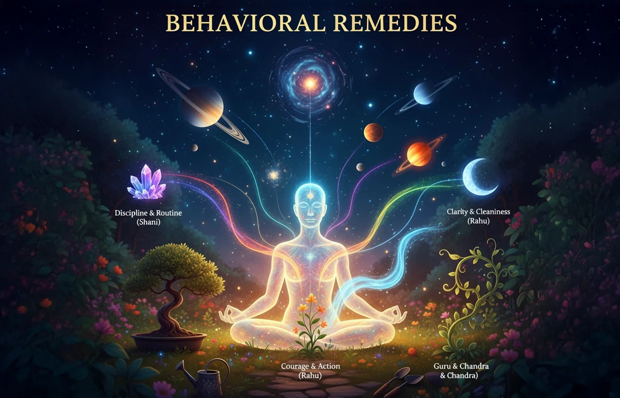 A cosmic illustration titled "Behavioral Remedies," depicting a glowing figure in a meditative pose on a vibrant flower-filled landscape. Rainbow-colored energy streams emanate from the figure, connecting to various planets and symbolic elements representing karmic remedies like discipline (Shani), clarity (Rahu), courage (Mangal), and wisdom (Guru & Chandra).