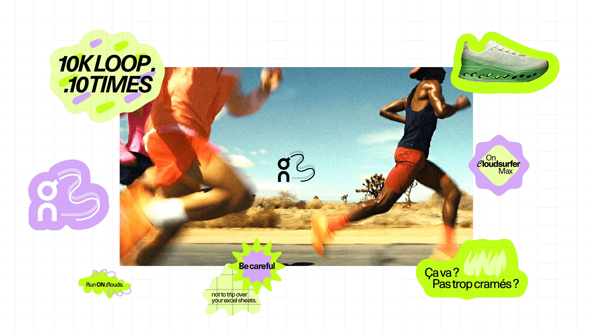 Direction artistique globale et concept créatif d'activation de marque pour le projet On Running Race Loop par Retsef.