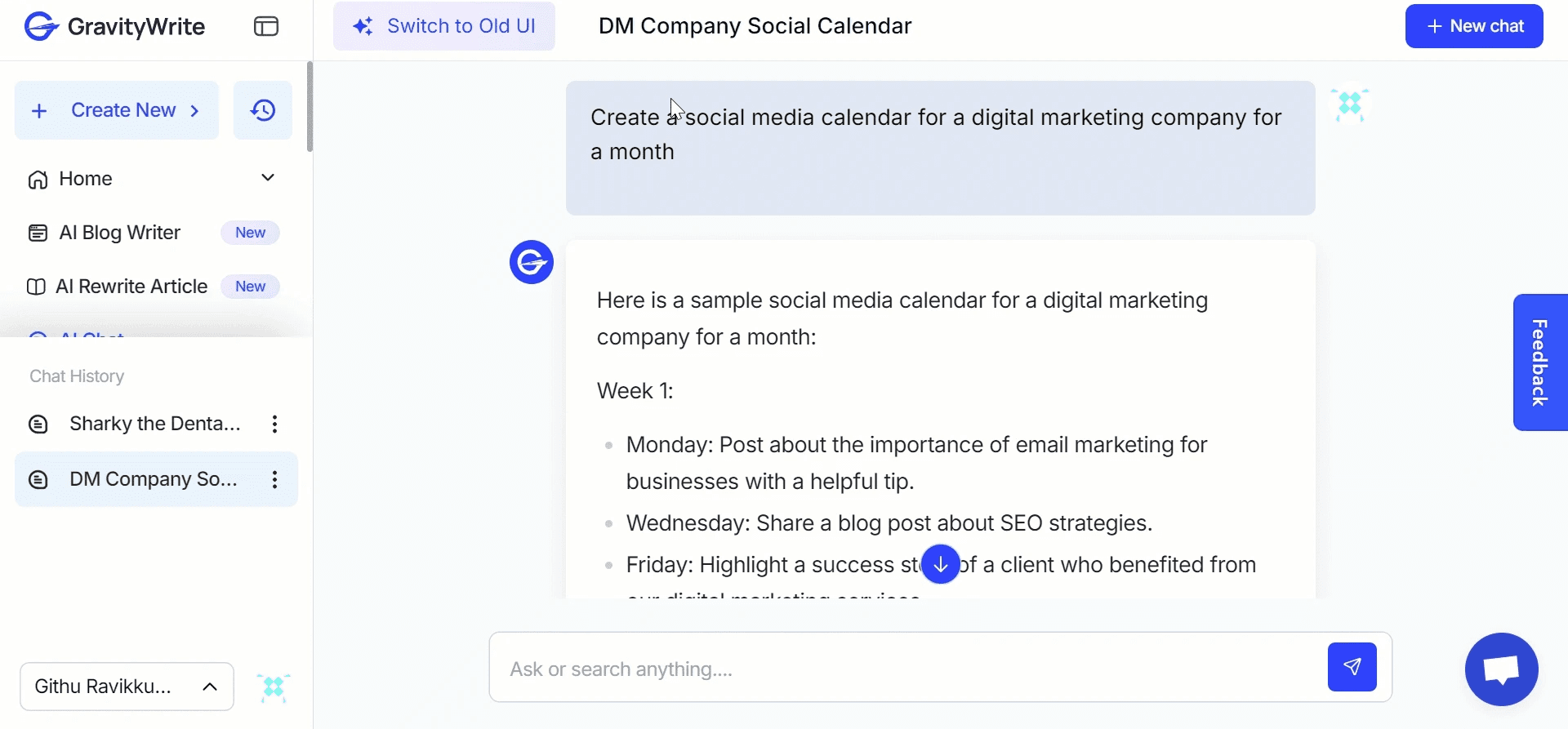 An GIF of GravityWrite interface, showing a chat window where a social media calendar for a digital marketing company is being created.