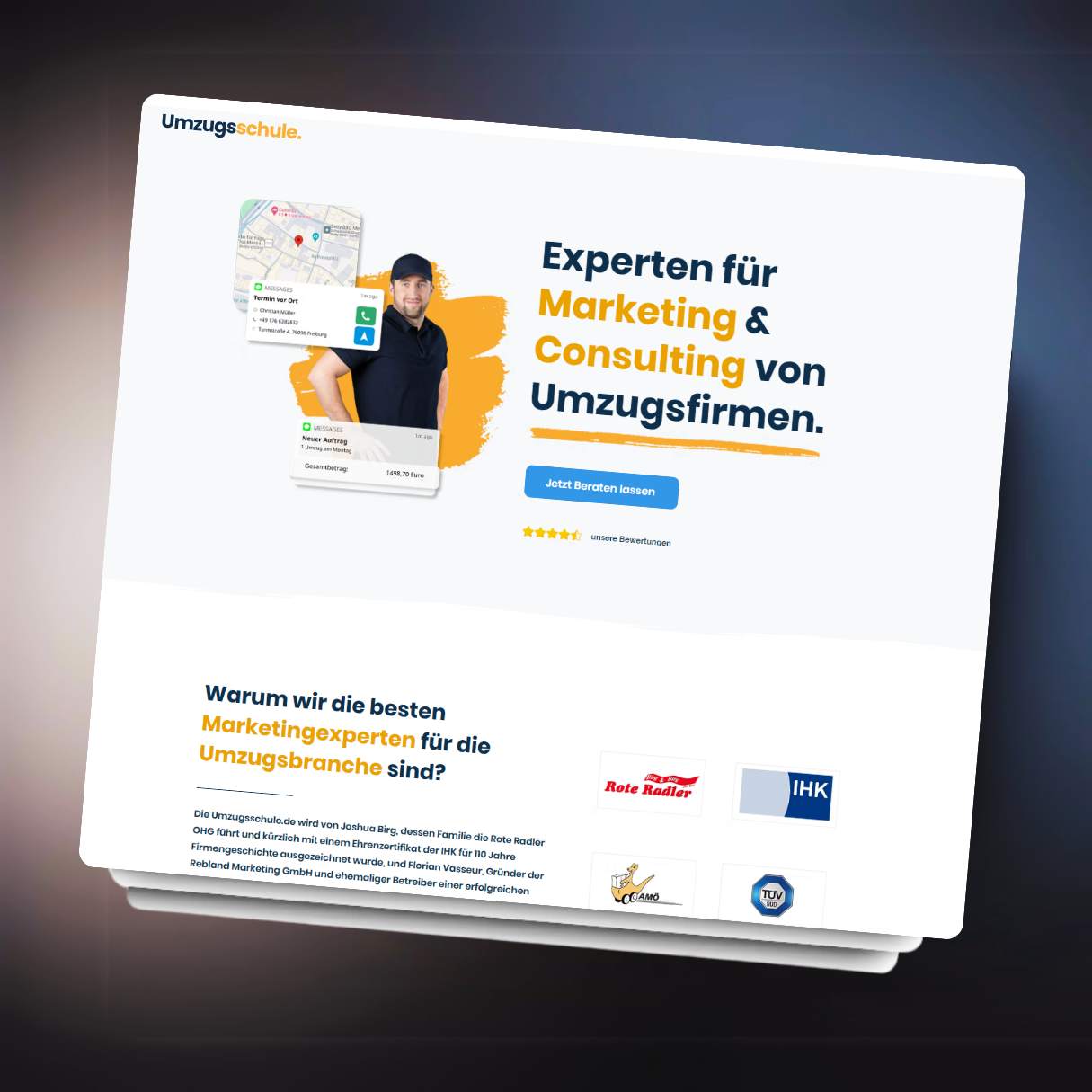 Screenshot eines fertiggestellten Webprojekts der Firma Umzugsschule – zeigt die finale Website mit Design, Navigation und Inhalten im Live-Zustand