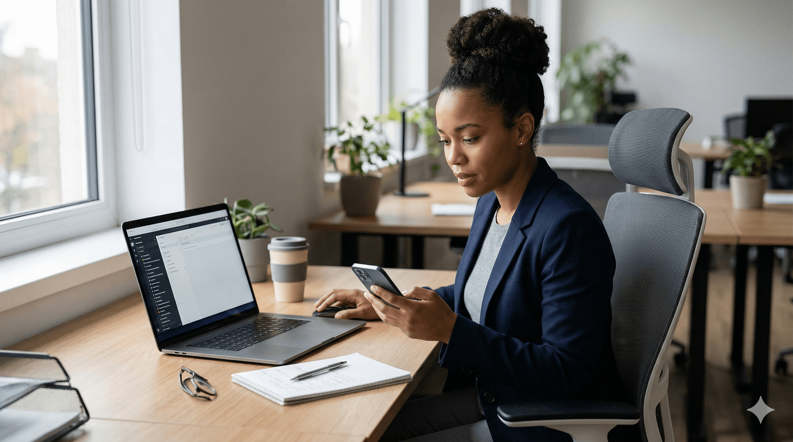 A professional woman in a modern office setting is sitting at a wooden desk, using her smartphone while a laptop displays an opened email app, with a coffee cup and notebook nearby, promoting workplace productivity and digital communication concepts.