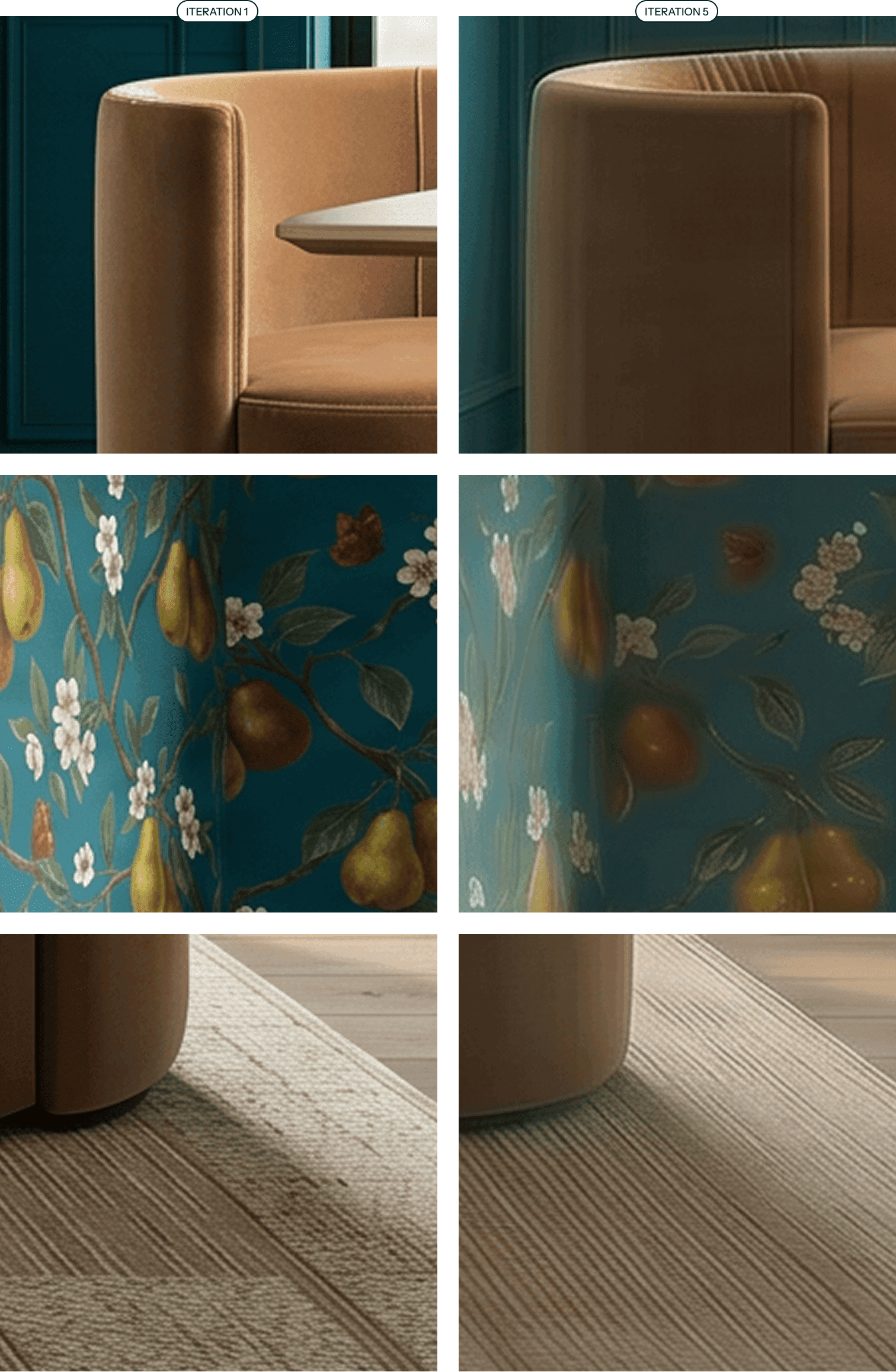 Close-up comparison of iteration one versus iteration five of the AI dining room render, with wallpaper, velvet, and rug detail blurring from generation loss