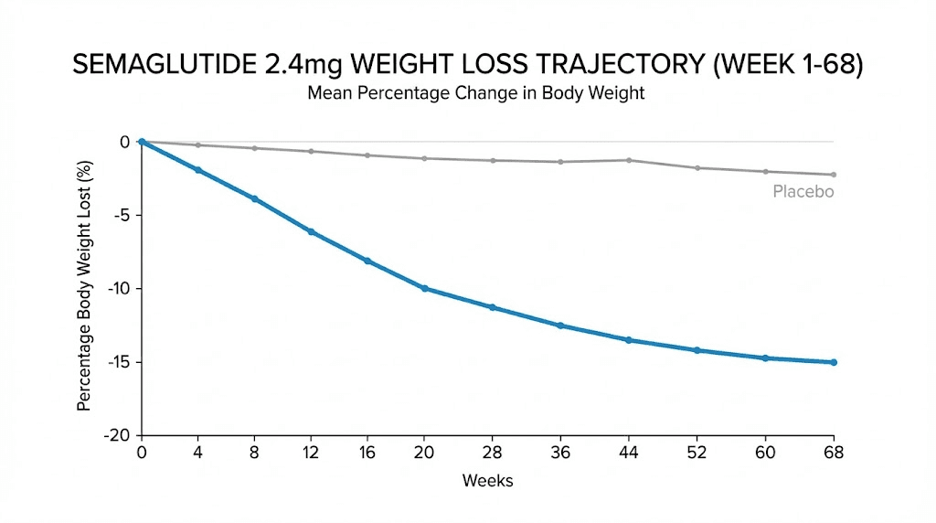 Semaglutide weight loss results timeline from week 1 to week 68 showing how fast it works
