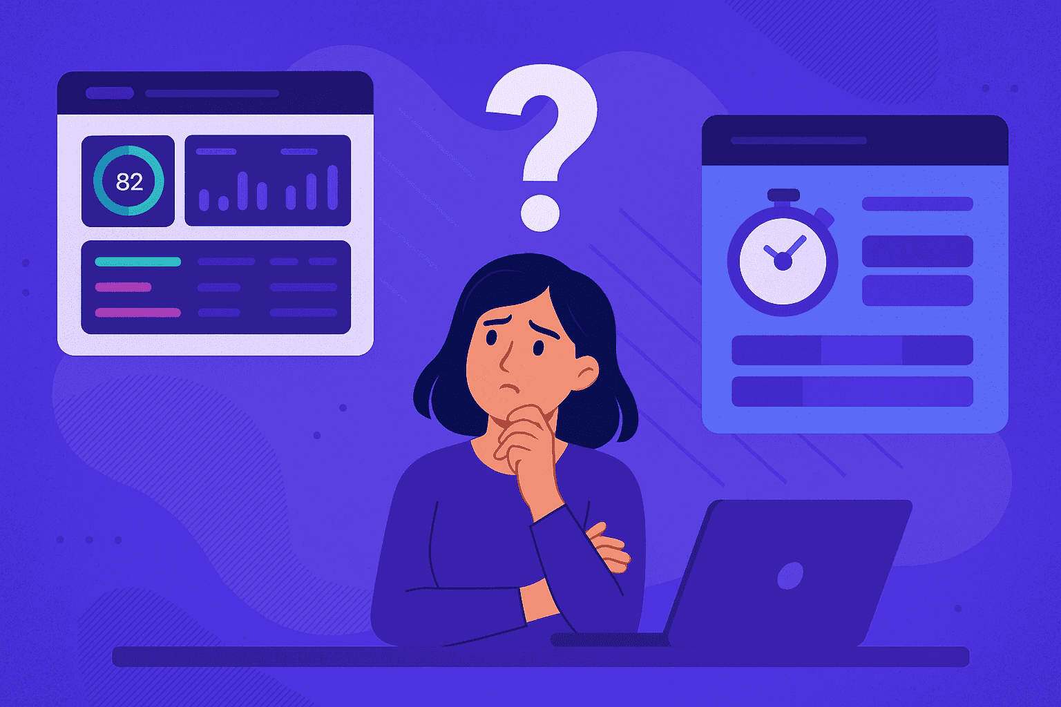Illustration of a woman sitting at a desk, thoughtfully choosing between two digital monitoring dashboards, each showing productivity and time-tracking data.