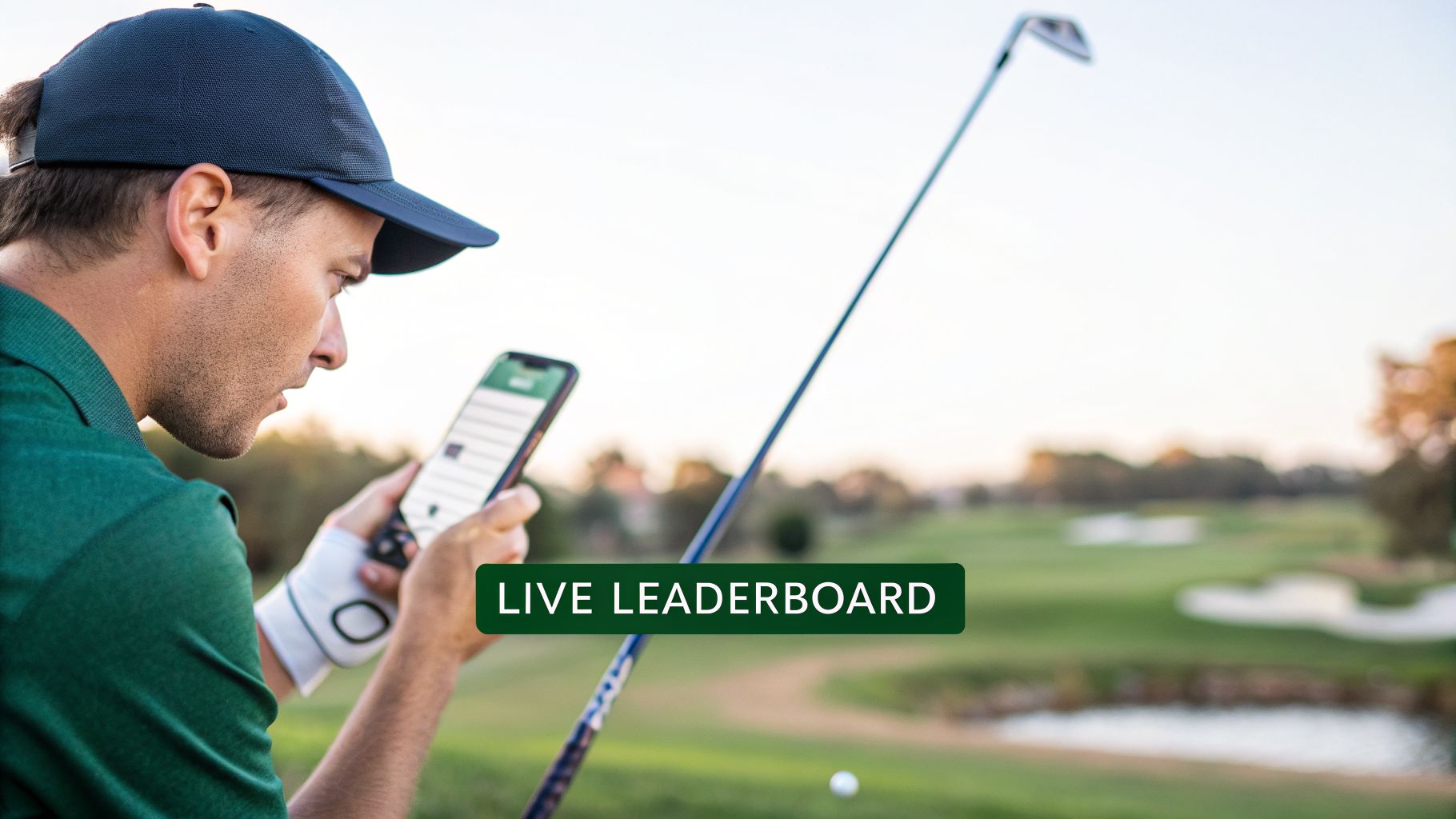 A golfer checks a live leaderboard on his smartphone during a game on a sunny course.
