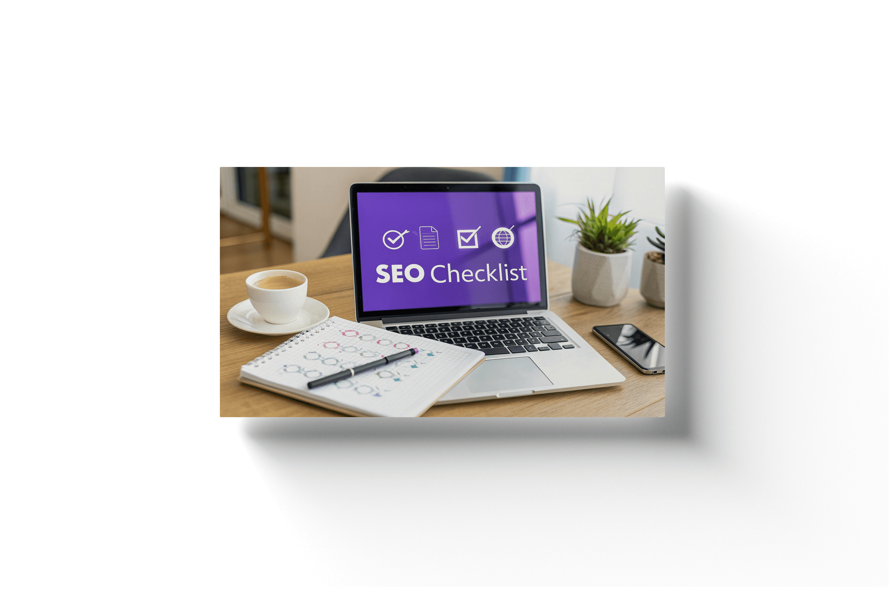 a purple laptop screen with the text 'seo checklist' on a desk