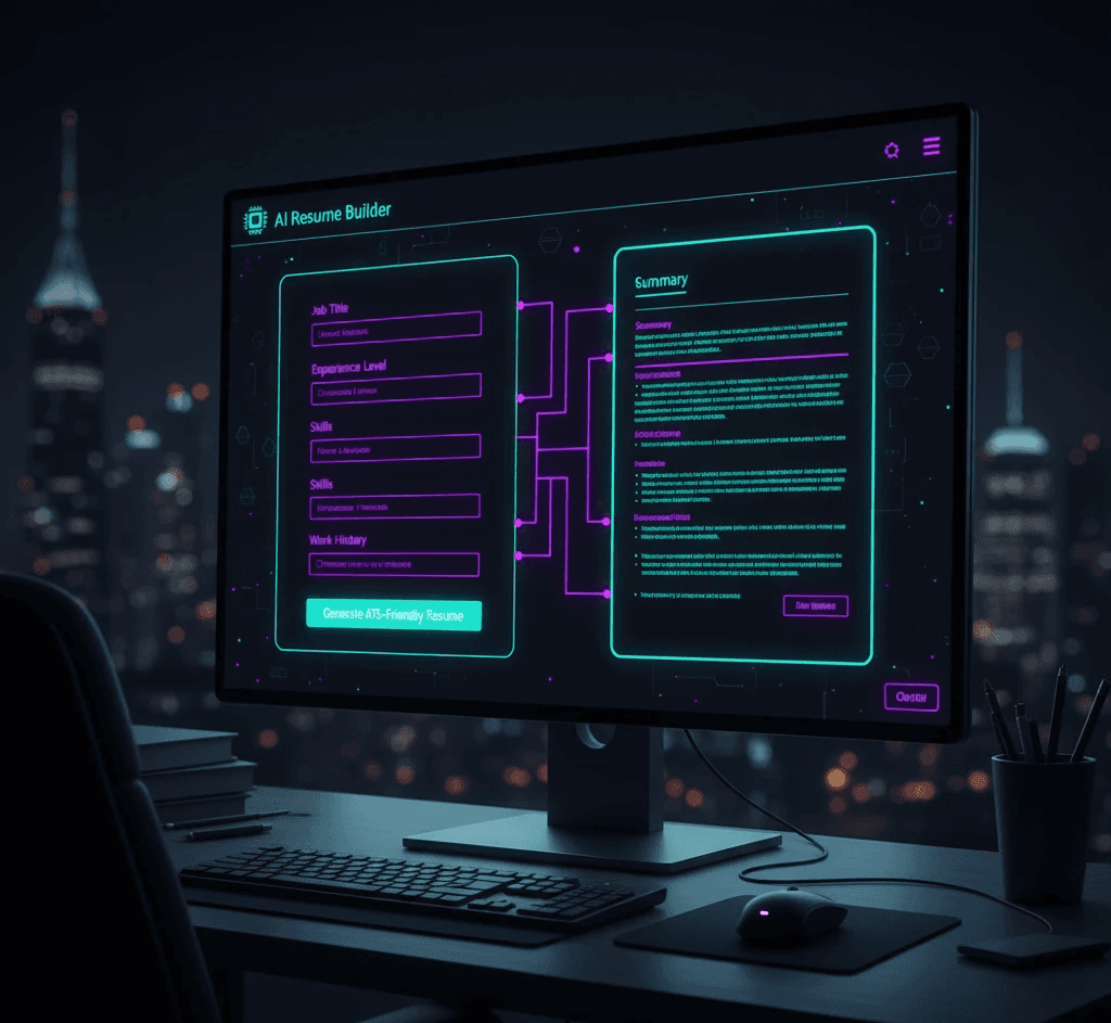 Illustration of a Strategic Resume Builder. A free AI-powered tool by Mahendra R for creating professional, ATS-friendly resumes.