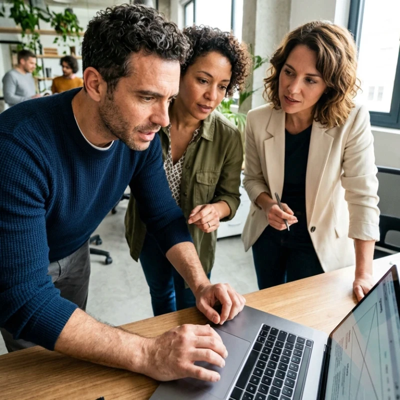 Équipe de professionnels en agence analysant des indicateurs clés, des graphiques de performance et des tableaux de bord sur plusieurs écrans haute résolution, illustrant notre expertise en Stratégie de comm 360° pour garantir une stratégie utile et mesurable.