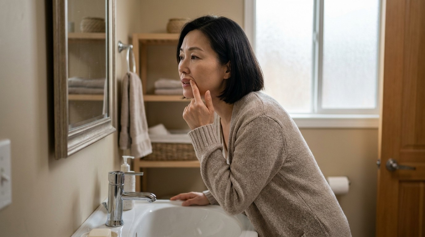 거울로 내려앉은 잇몸을 살펴보는 40대 환자 (연출 이미지)