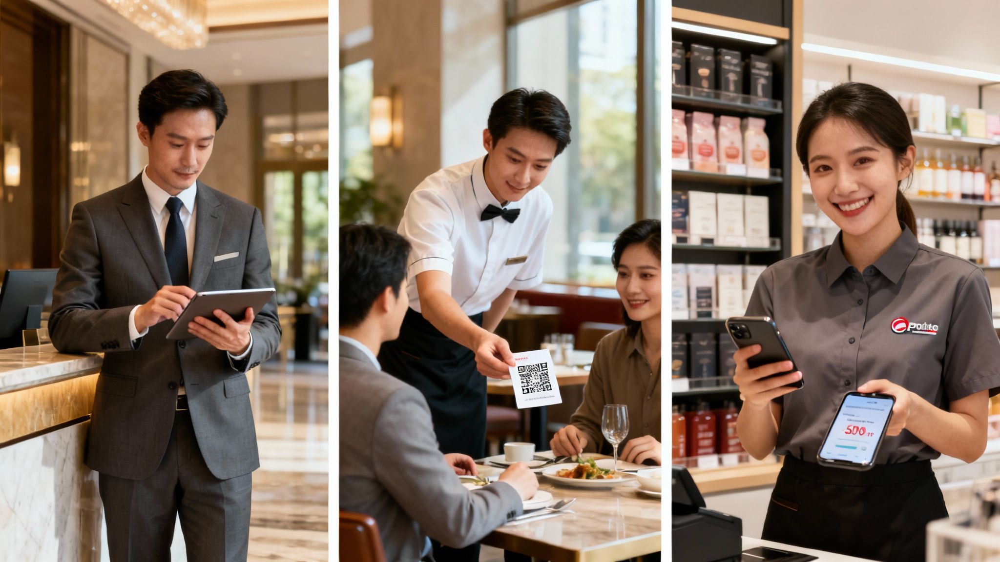 Customer service staff using tablets, QR codes, and smartphones for digital transactions and feedback.