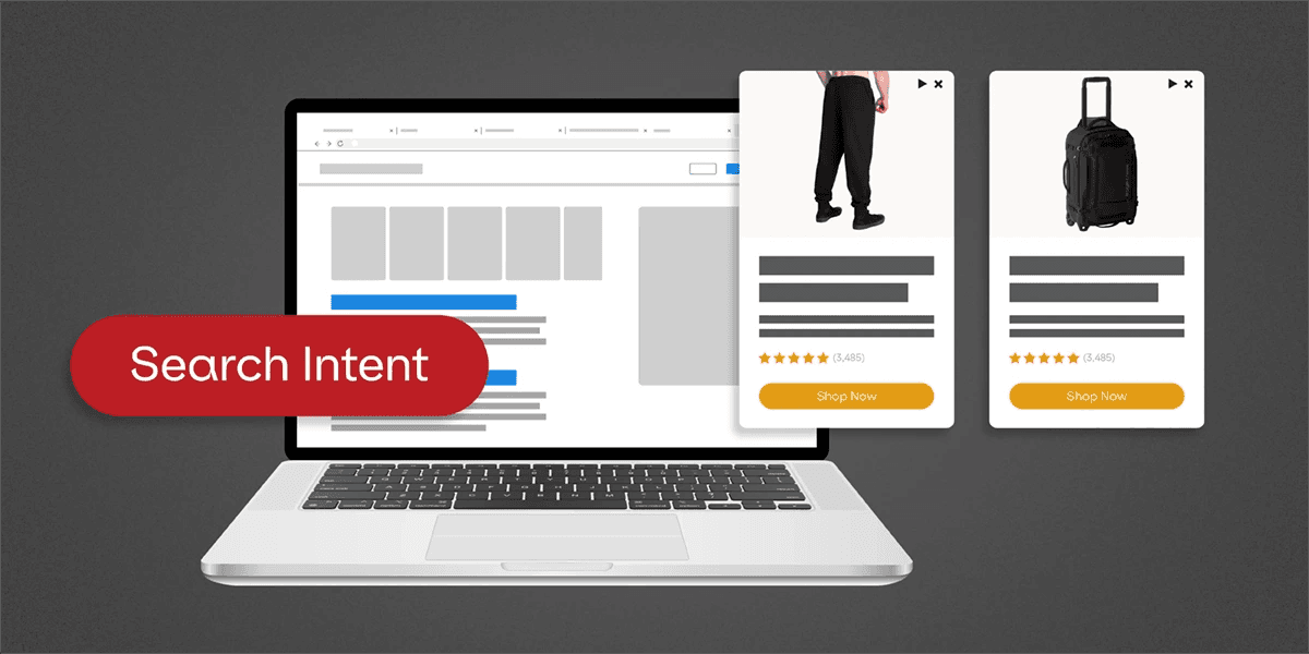 A graphic of a laptop with two mobile screens nearby with a bubble labeled "Search Intent"