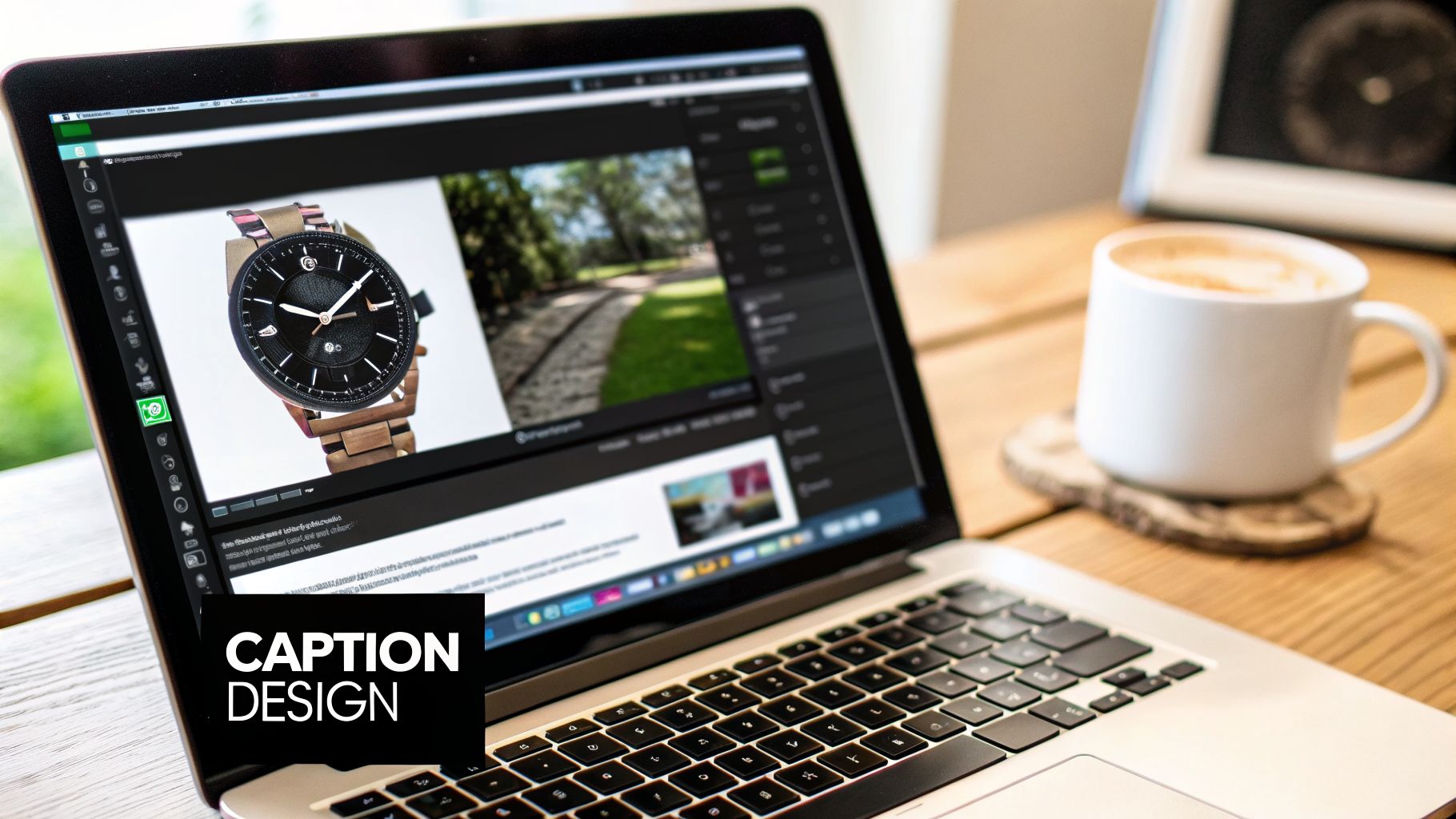 A laptop displays design software with a watch product photo and a 'CAPTION DESIGN' text overlay, beside a cup of coffee.