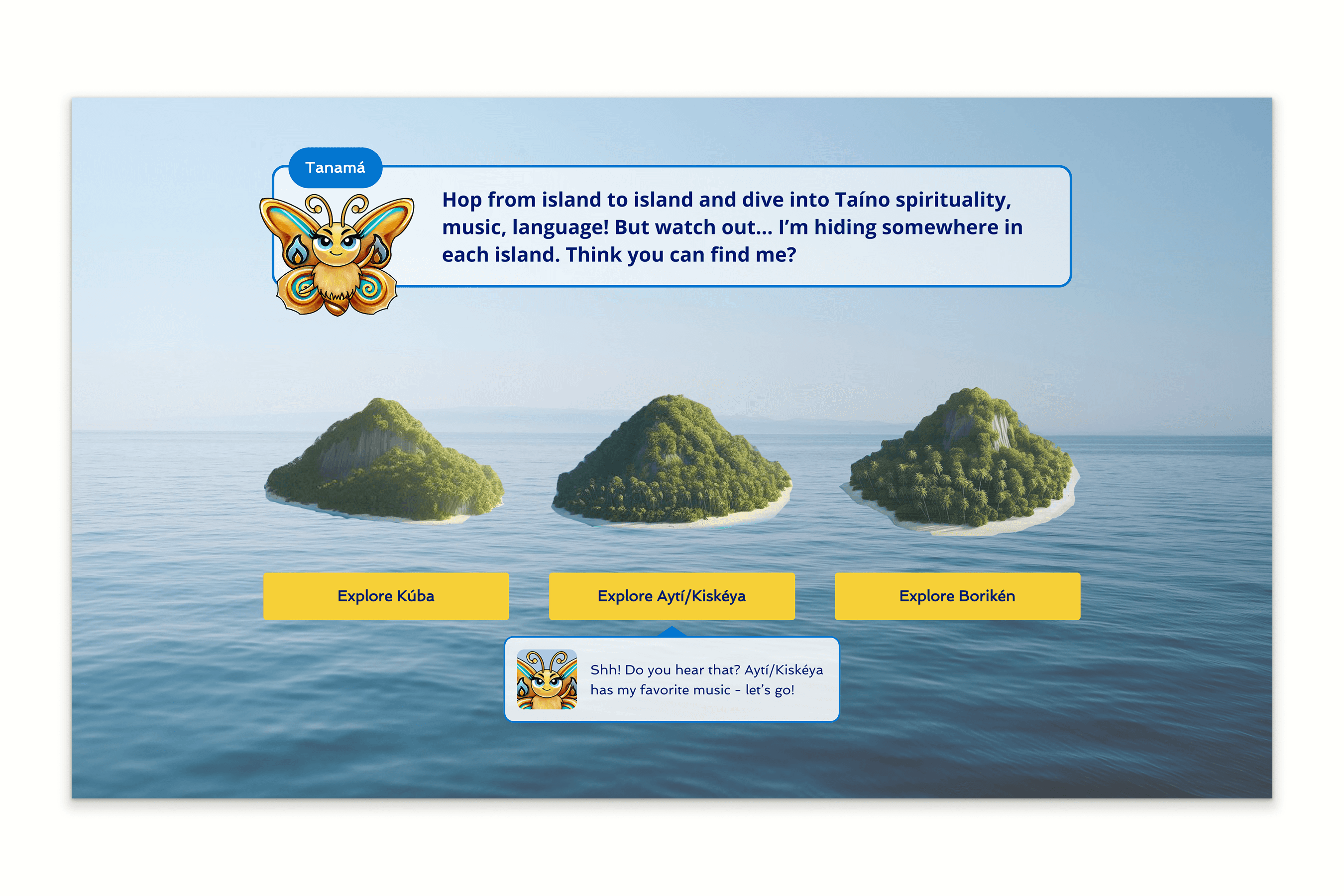 Older hero design showing tooltips that appear when users hover over each island’s button.