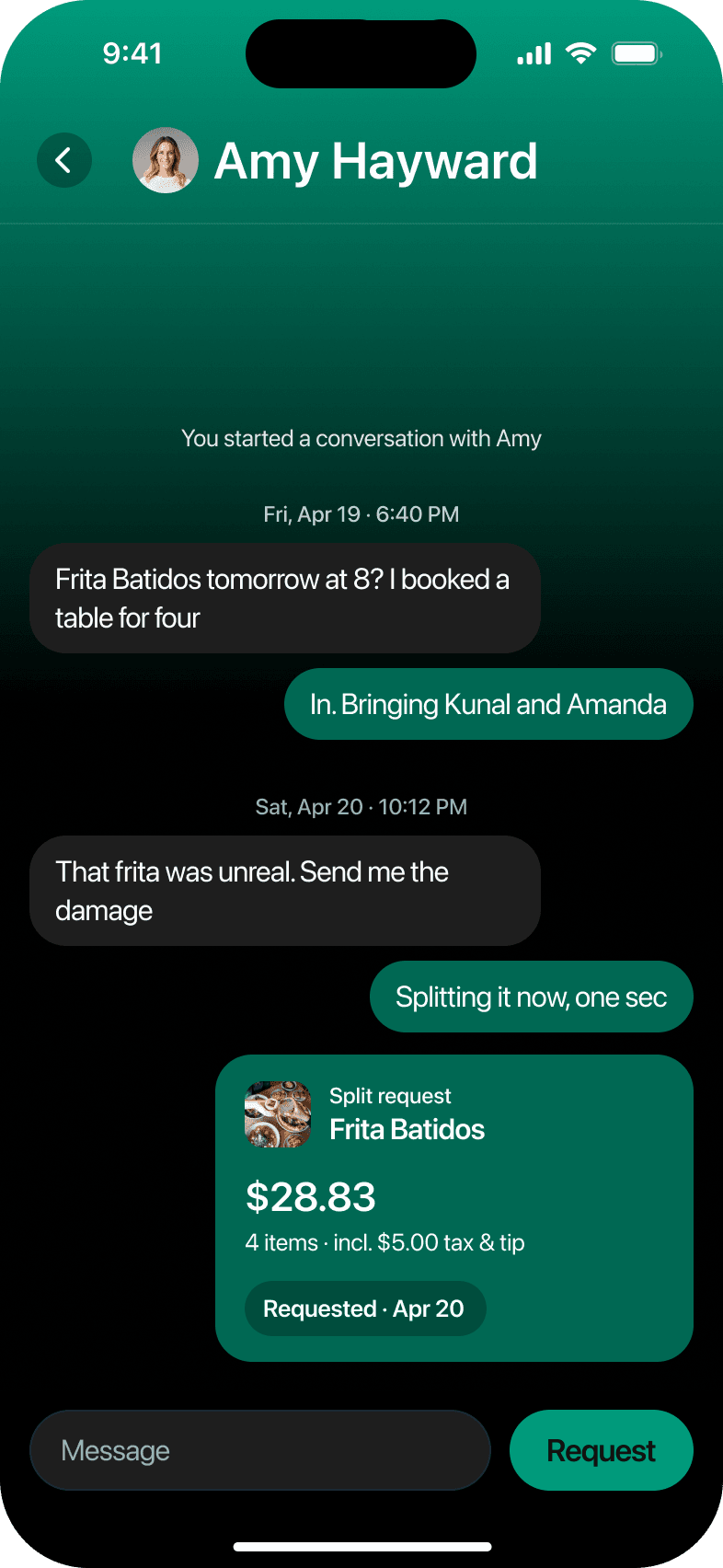 The split request lands in the chat as a message
