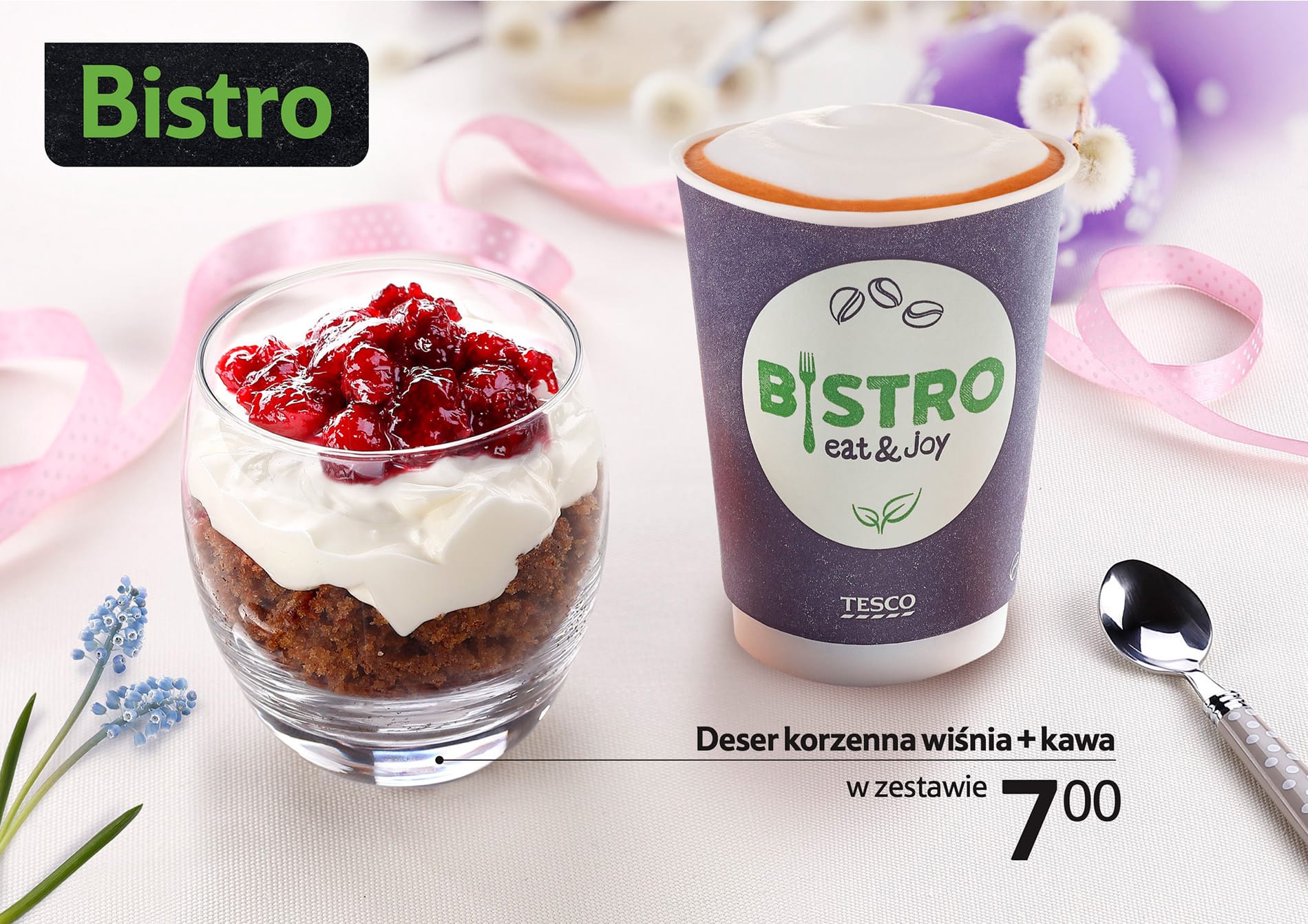 A delightful Easter-themed food photo session showcasing a dessert of spiced cherry topped with whipped cream beside a cup of Bistro coffee, decorated with pastel ribbons and spring flowers.