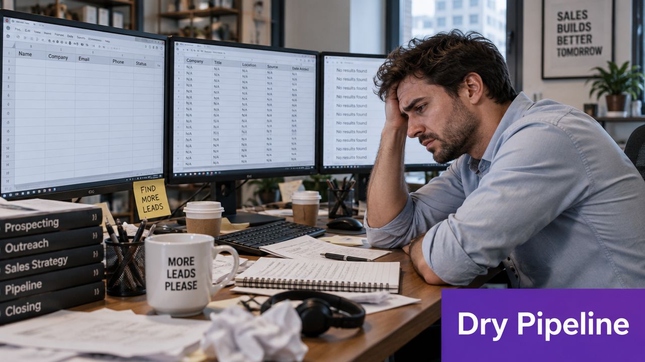 A frustrated businessman sitting at a messy desk with computer screens showing empty sales lead spreadsheets.