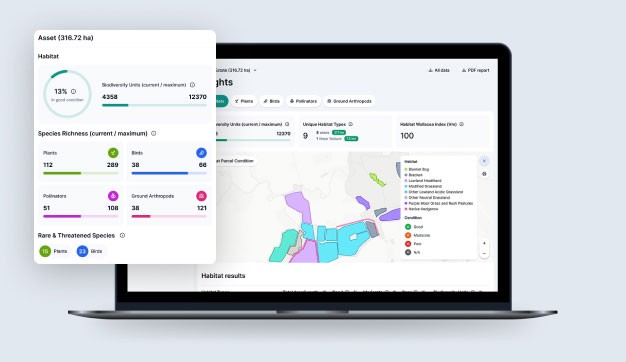 Laptop showing the Renew Platform interface with habitat maps, biodiversity indicators, and dashboard insights.