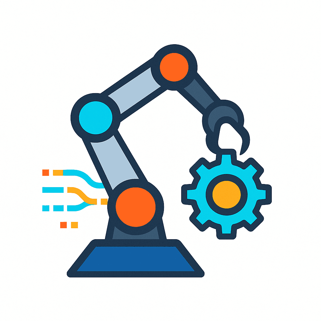 Illustration of a robotic arm assembling a gear with flowing digital lines, symbolizing AI-driven workflow automation, in Zuvtor brand colors on a white background.
