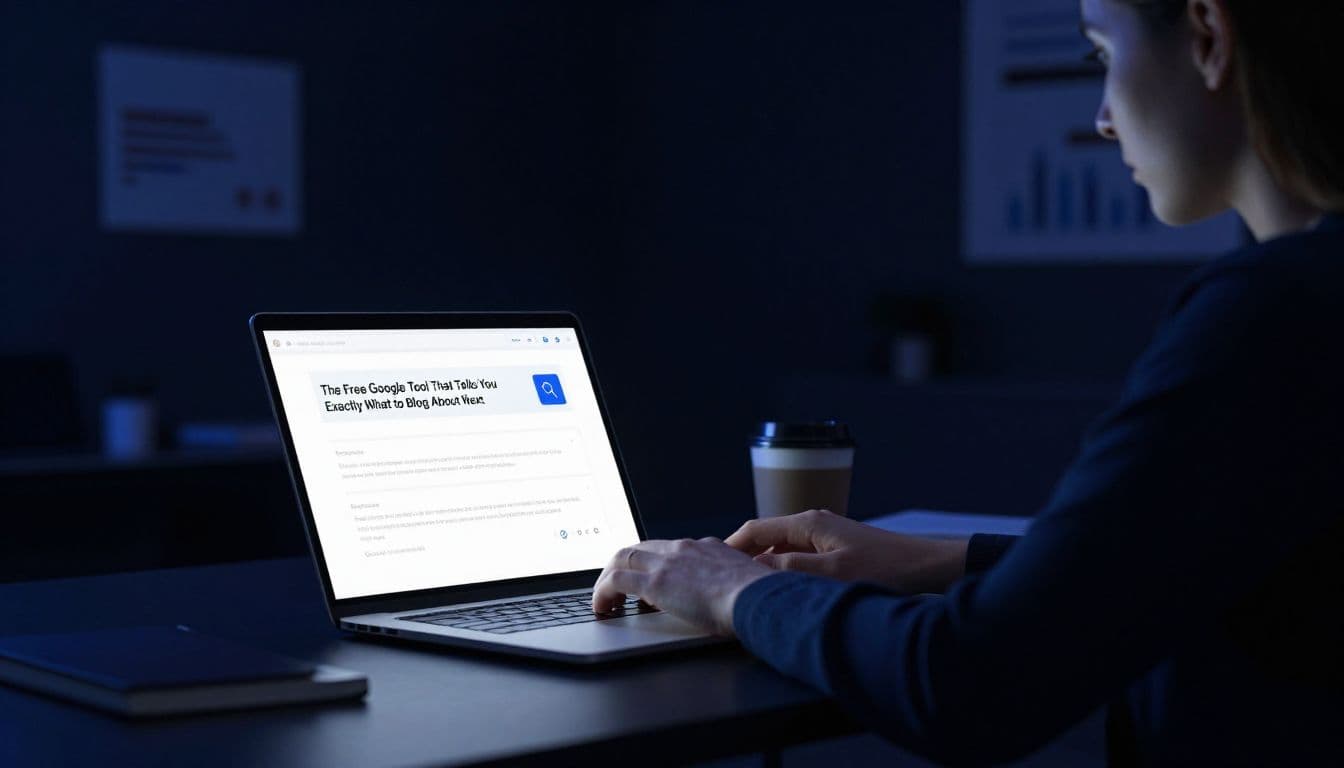 A marketer reviews a laptop beside a notebook and coffee in a dark blue-lit office.