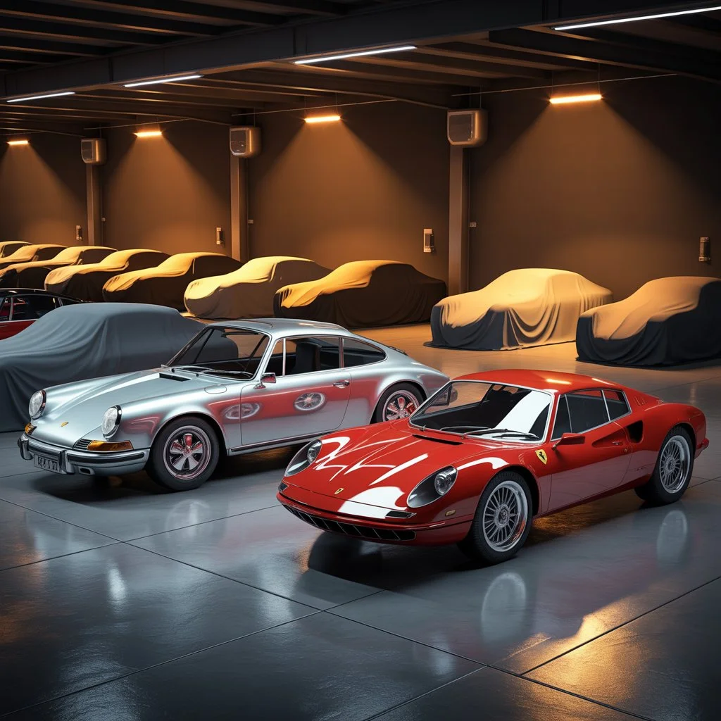 Klassiker Ferrari und Porsche in privater Einlagerungsgarage – Garagen- und Einlagerungsversicherung Fahrzeugsammlung Lions Group