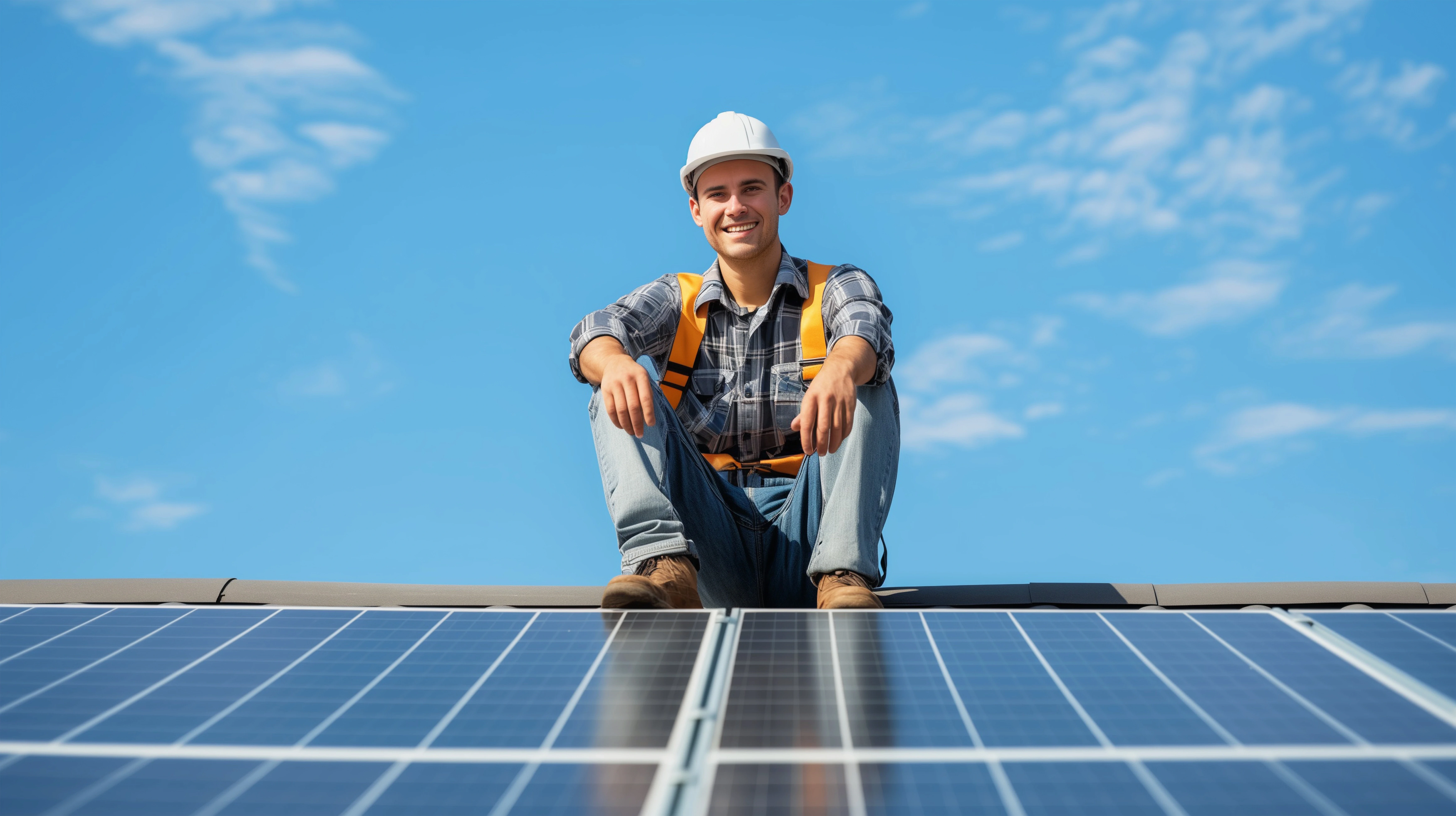 Techniker sitzt auf einer Photovoltaikanlage unter blauem Himmel – kompetente Beratung und individuelle Lösungen für nachhaltige Energie durch Solartechnik Nordwest.