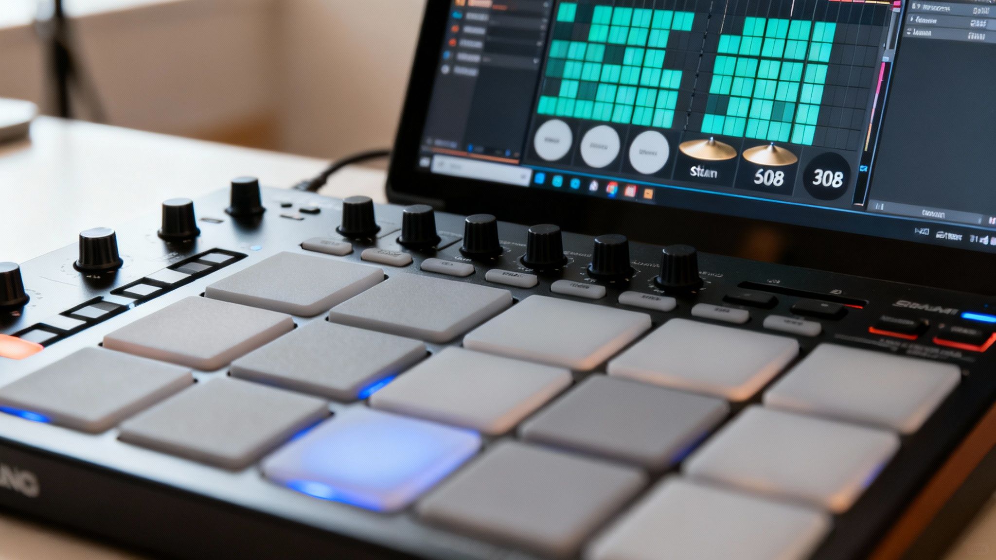 A close-up of a drum machine's pads being used to program a beat.