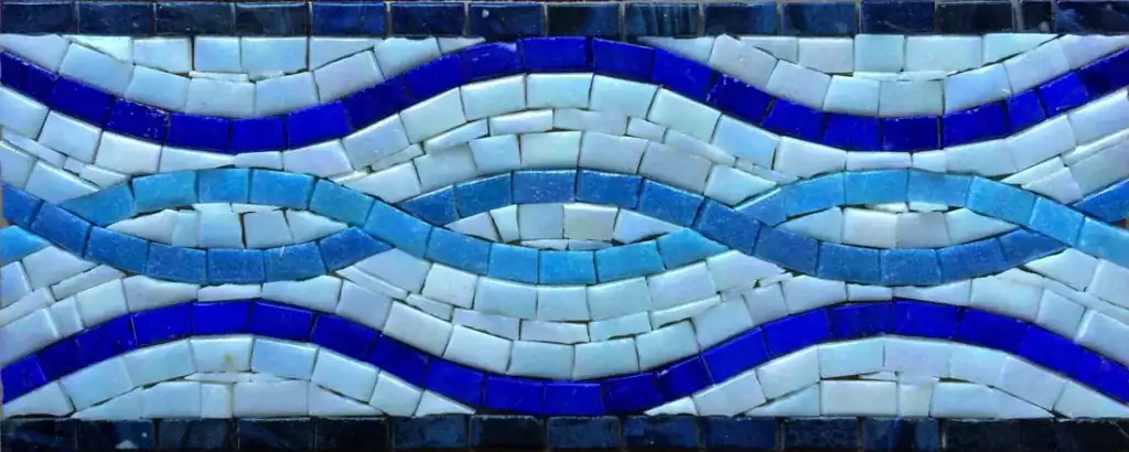 Ribbon Wave mosaic border, Cobalt, azure and white, hand-cut — reference H-28, Mosaiclegs Art Studio
