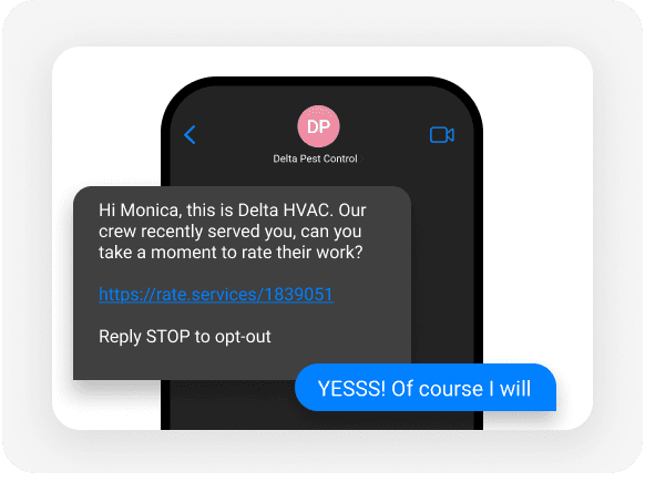 Text message from HVAC company using Applause asking a customer to rate their service, with a positive response confirming the review request.