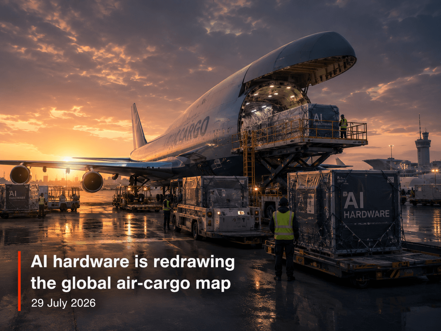 Freighter aircraft being loaded with AI hardware pallets