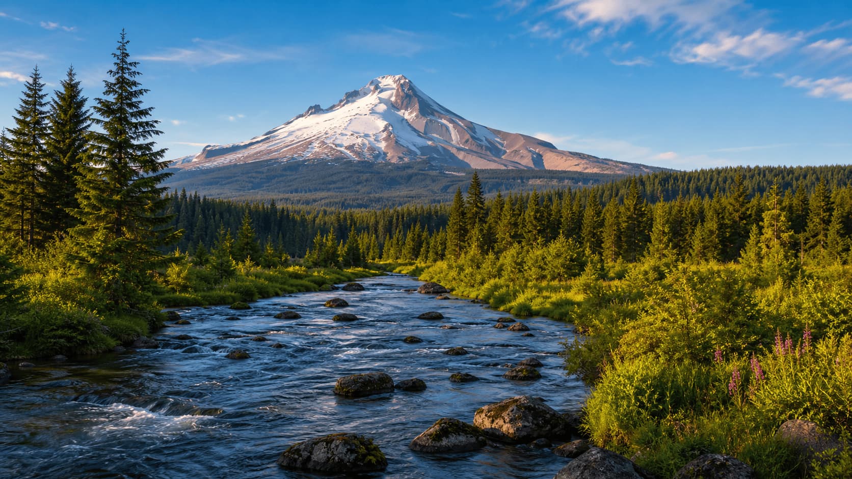 Mount Hood with forest and river landscape in Oregon