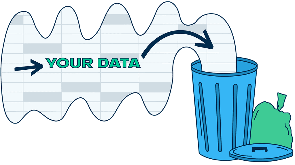 A stylized cloud of data being tossed into a garbage can. Illustration