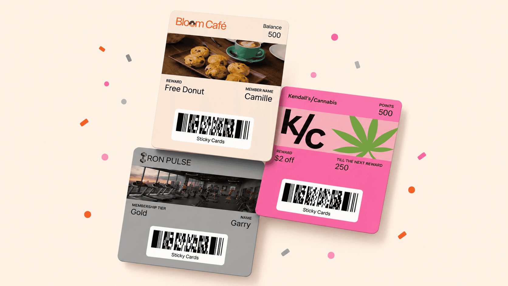A modern editorial-style composition featuring three realistic digital loyalty wallet pass cards floating at slight angles on a warm cream background. Each card has a unique design and color theme: a beige café rewards card with pastries and coffee imagery, a vibrant pink cannabis loyalty card with a green leaf graphic, and a sleek gray fitness membership card with a gym interior photo. All cards include barcode sections and membership or rewards details, styled like Apple Wallet passes. Small colorful confetti dots and paper-like accents are scattered around the scene, adding a lively and celebratory atmosphere while maintaining a clean, premium aesthetic.