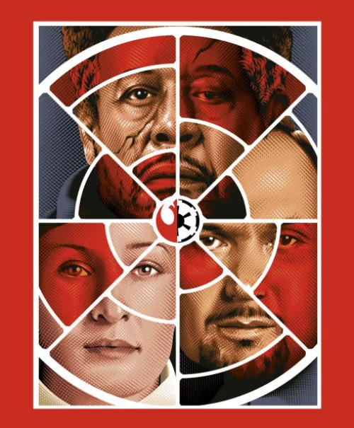 A Barnes & Noble exclusive poster of Bail Organa, Mon Mothma, and Saw Gerrera. All three character have headshots with various pieces bathed in red light. There is a split Imperial and Rebel symobl at the center.