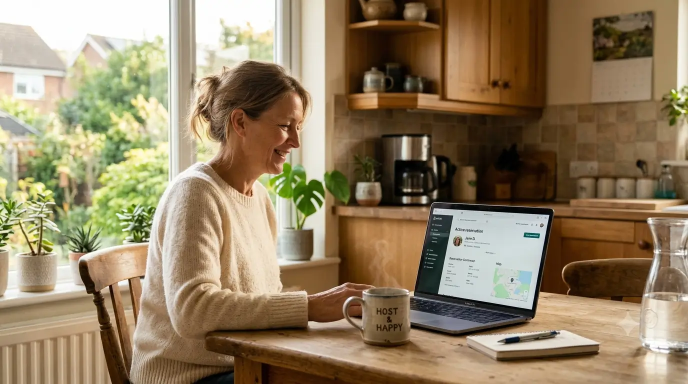 Airbnb host calmly reviewing a reservation on a laptop at a kitchen table
