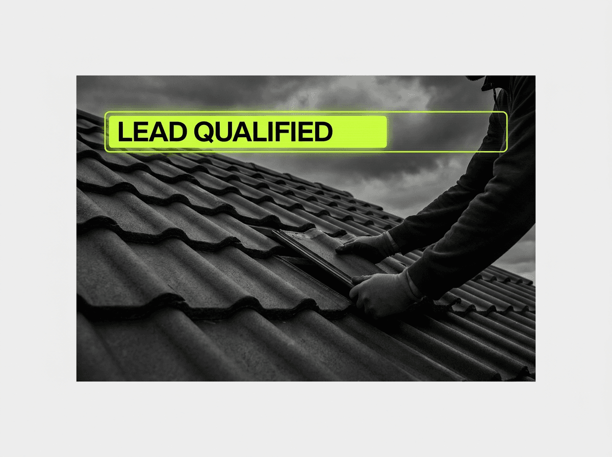 Close-up of dark roof tiles with lead qualified tag overlay