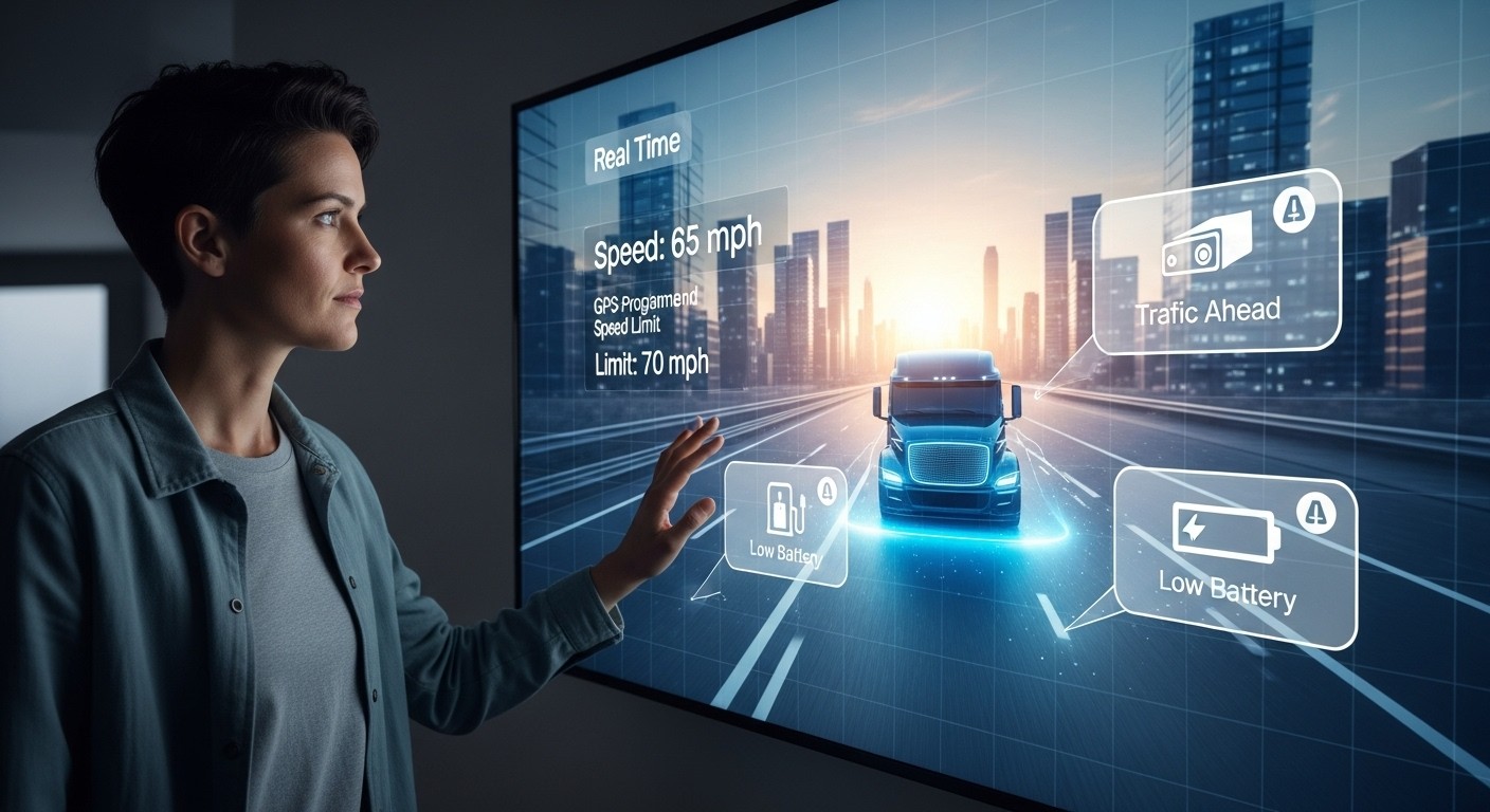 Cliente visualizando en una pantalla futurista datos de velocidad en tiempo real de un camión, con límites programados por GPS y alertas inteligentes.