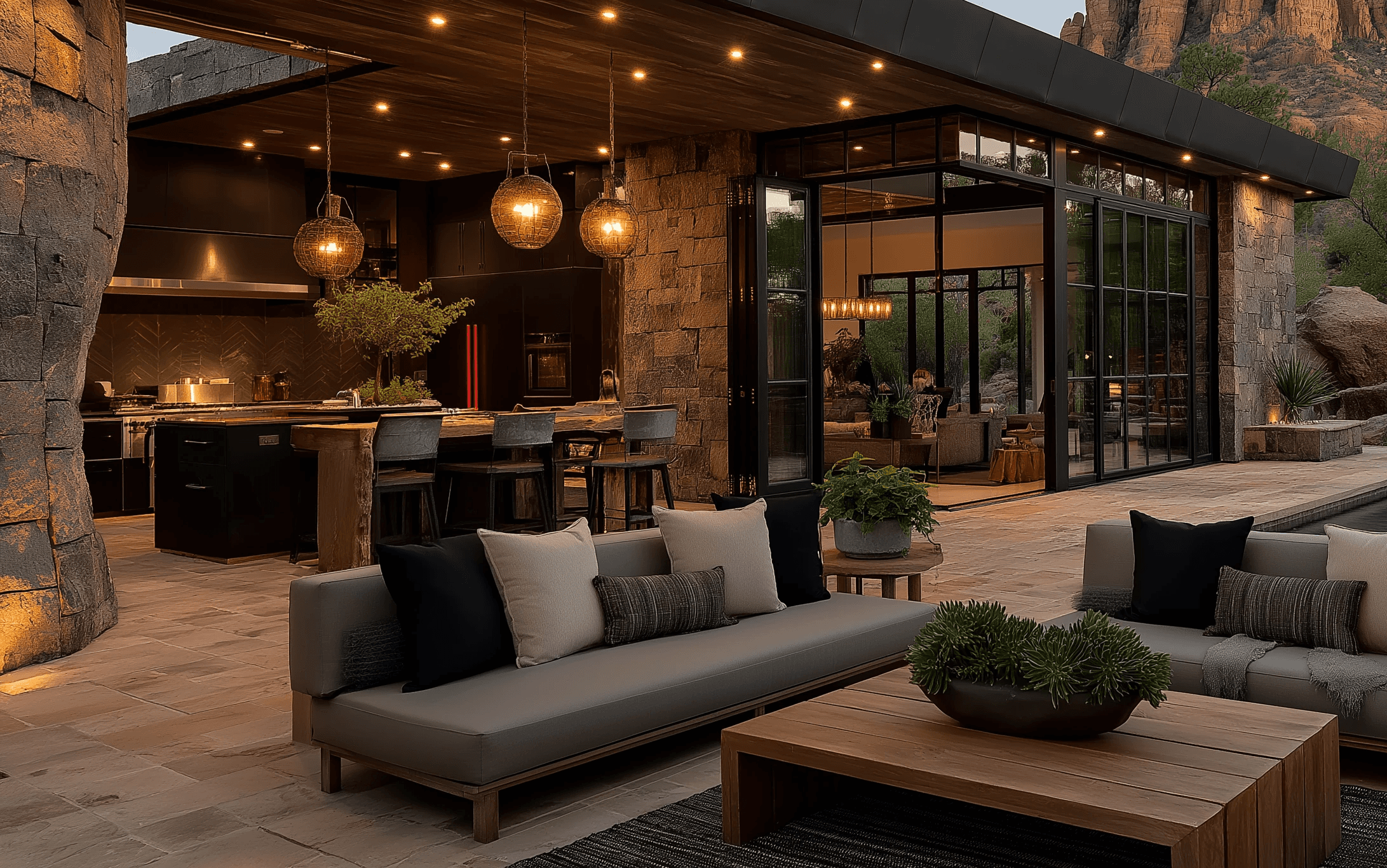 Seamless indoor-outdoor living space with modern patio sofas next to a swimming pool, an open kitchen, and a massive red rock mountain in the background.