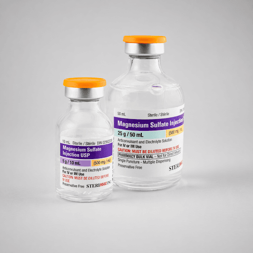 Two glass vials of Magnesium Sulfate Injection in 5 g/10 mL and 25 g/50 mL strengths.