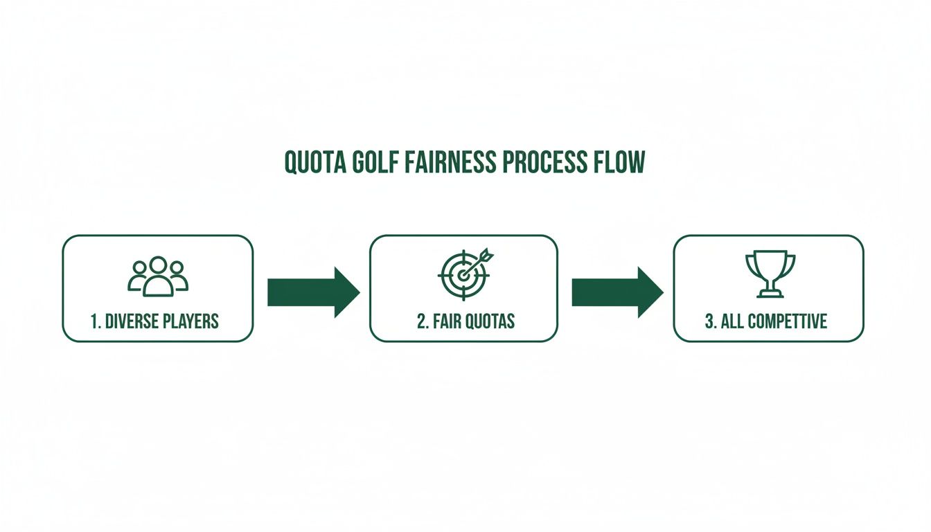 A flowchart illustrates the Quota Golf Fairness Process, showing steps for diverse players, fair quotas, and competitive outcomes.
