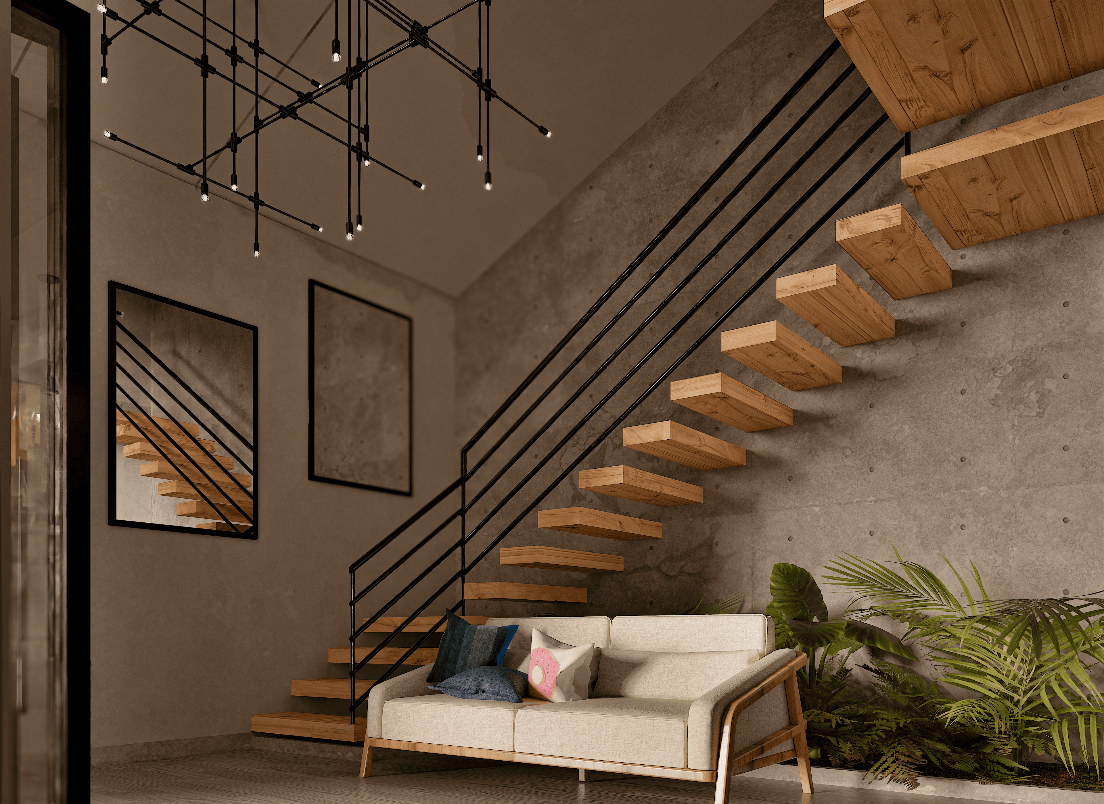 Curved white staircase with dramatic natural light in a modernist interior