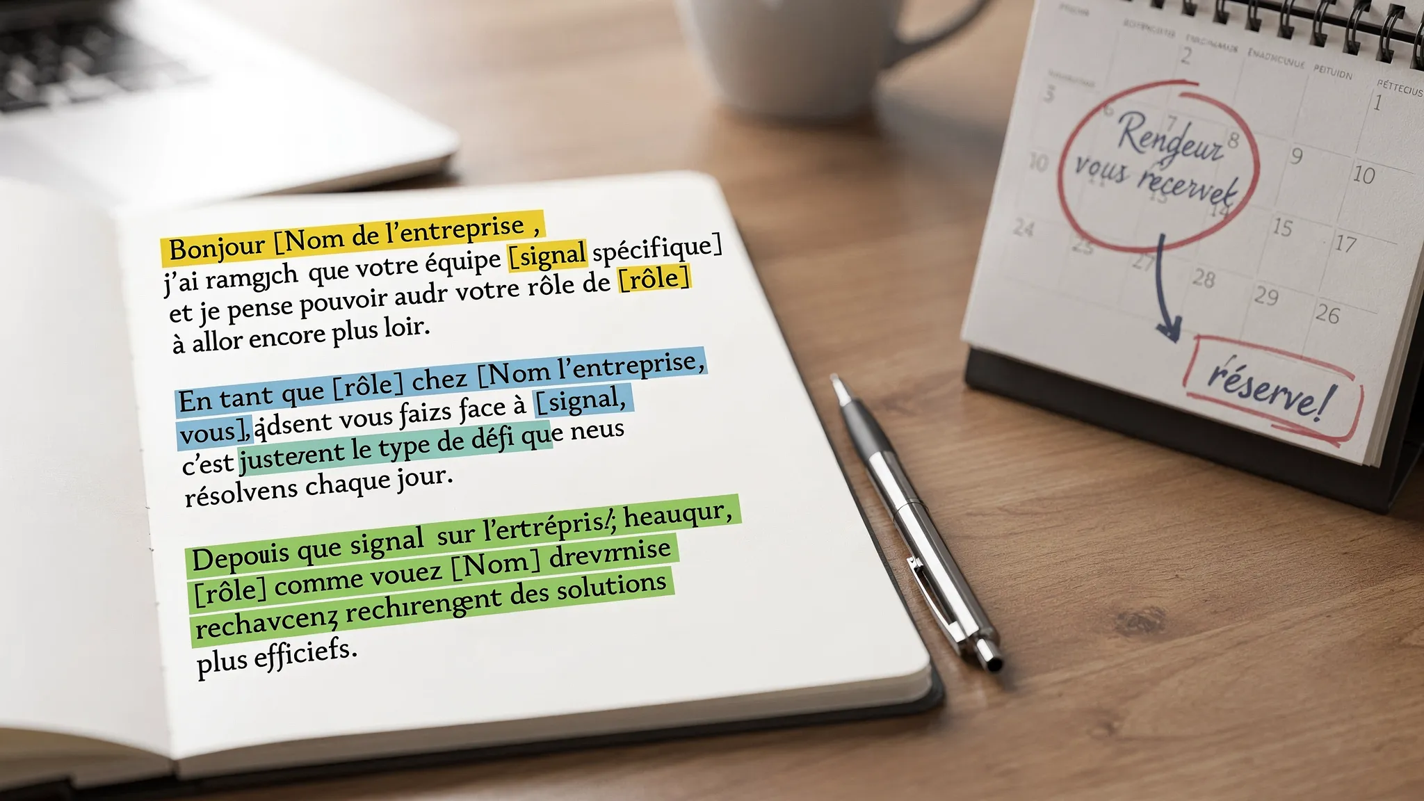 Gros plan sur un carnet de notes montrant trois exemples d’accroches de prospection personnalisées, avec surlignages en couleurs pour les variables (entreprise, rôle, signal) et une flèche vers un calendrier indiquant un rendez-vous réservé.