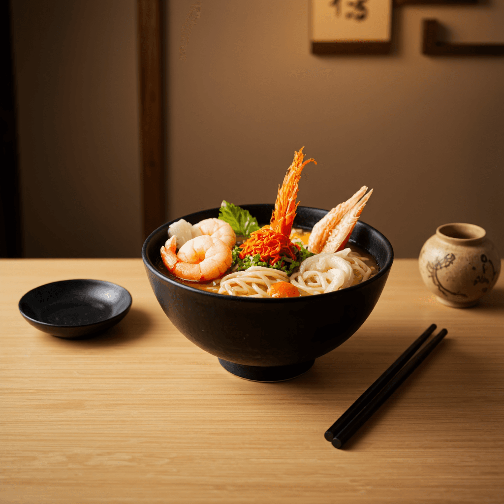 product photography of a bowl of noodles with seafood and vegetables