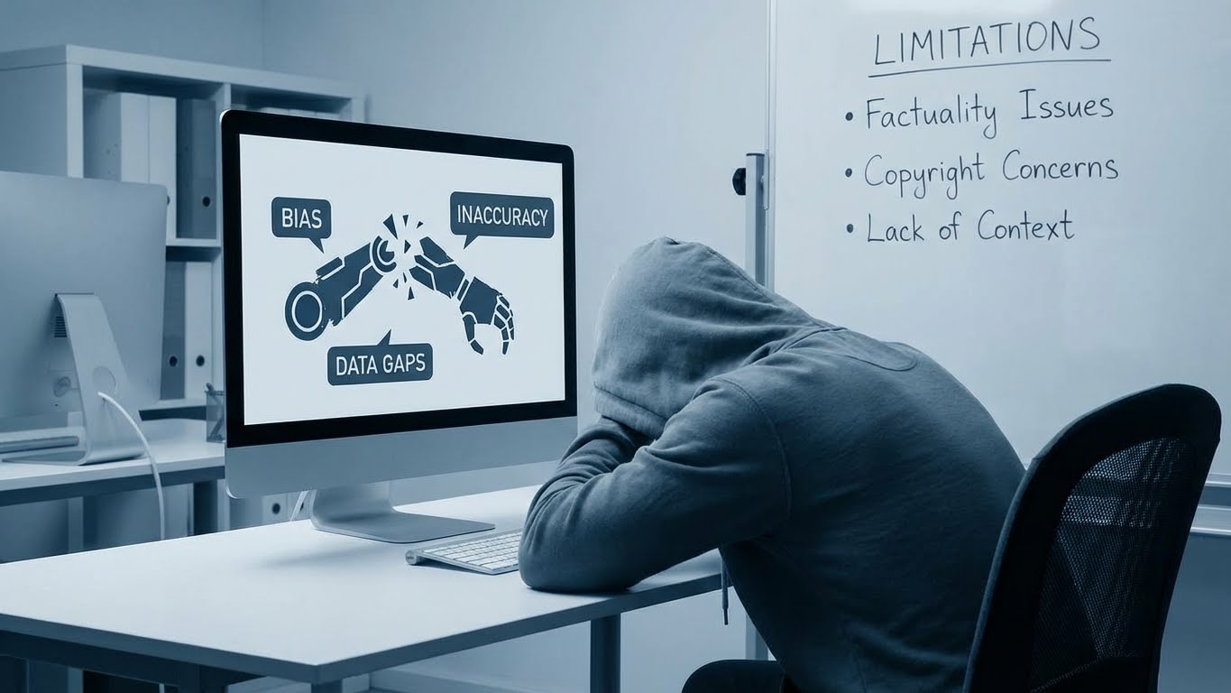 Limitations of generative AI showing issues like bias, inaccuracy, data gaps, factual errors, copyright concerns, and lack of context