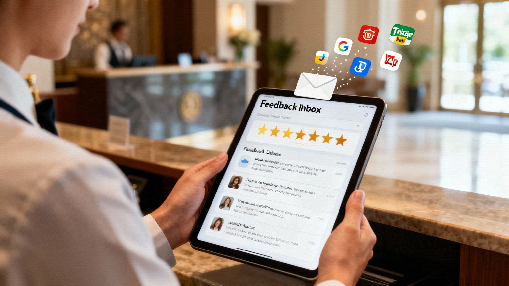 Hotel staff member managing customer feedback on a tablet with reviews from various apps.