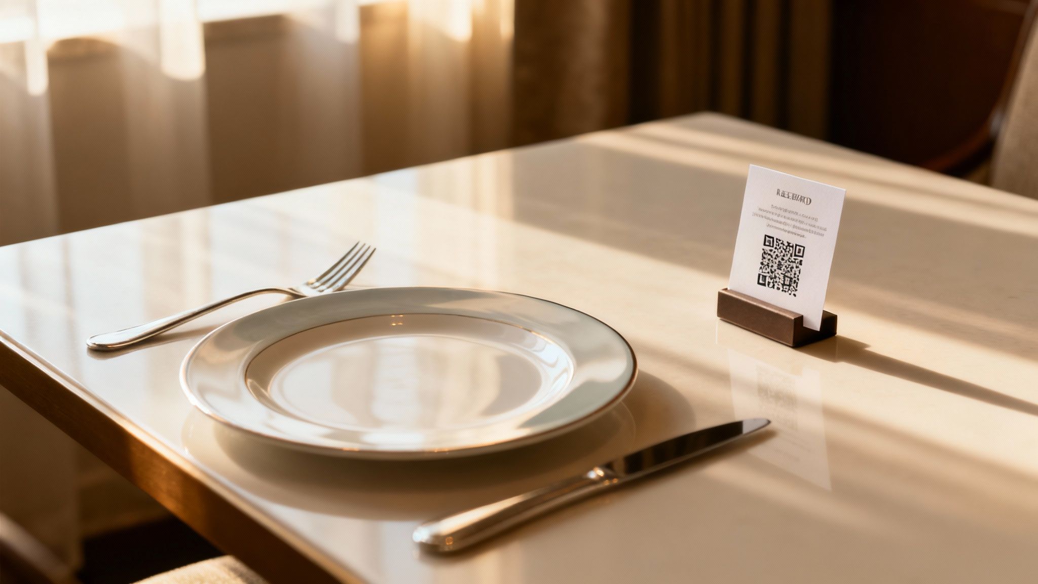 Elegant dining table setting with a plate, cutlery, and a QR code stand for feedback.